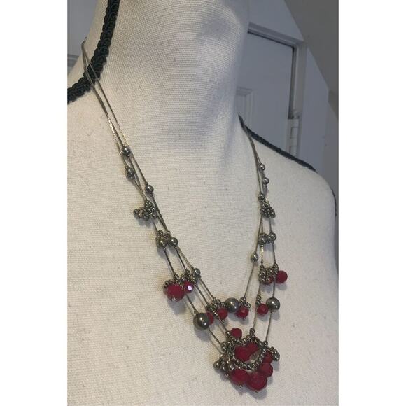 Red Beaded Silver Tone Multi Strand Necklace - Picture 11 of 11
